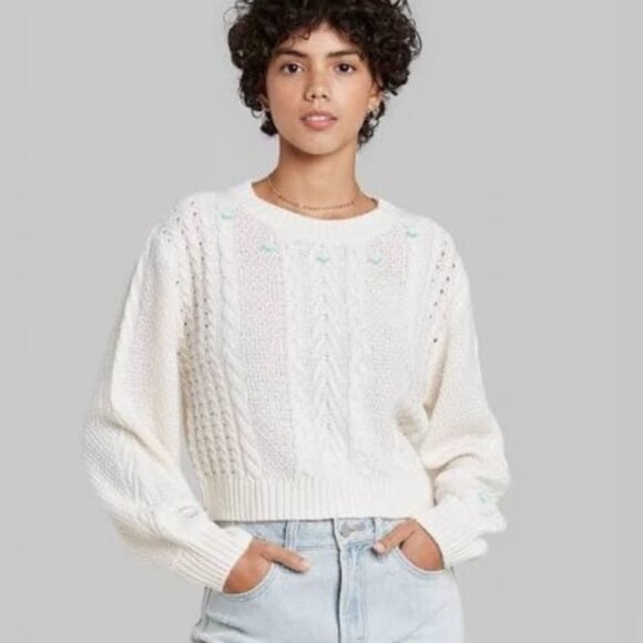 Wild Fable Cream Cropped Cable Embroidered Crew Neck Long Sleeved Sweater NWT 3X - Picture 2 of 4
